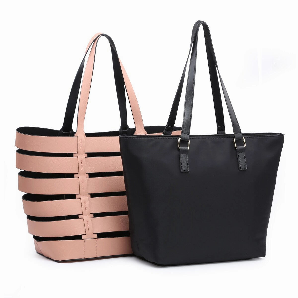 2In1 Medium Striped Tote Bag Faux Leather With Detachable Shoulder Strap