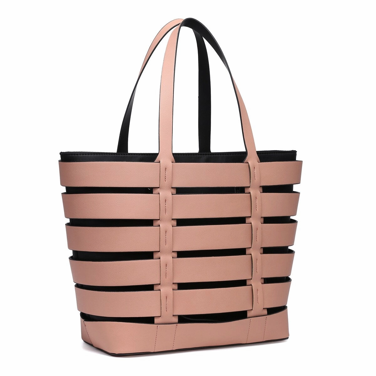 2In1 Medium Striped Tote Bag Faux Leather With Detachable Shoulder Strap