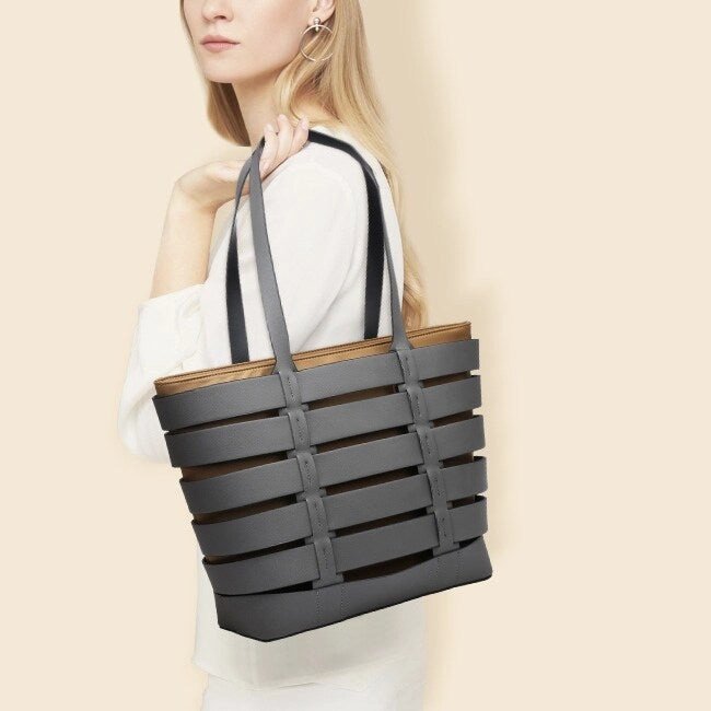 2In1 Medium Striped Tote Bag Faux Leather With Detachable Shoulder Strap