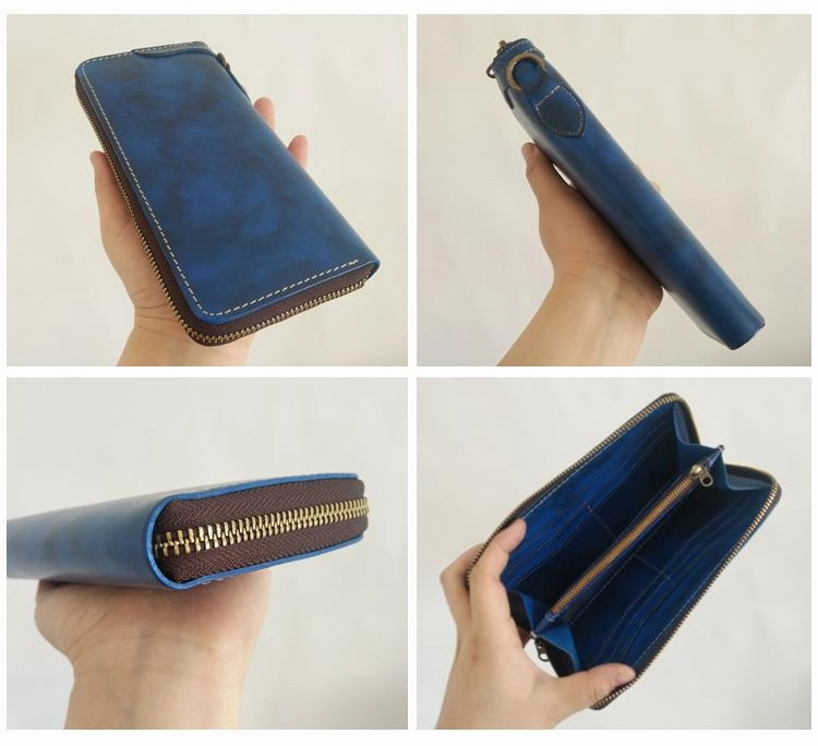 [On Sale] Handmade Mens Long Biker Wallet with Chains Cool Zipper Leather Biker Chain Wallets