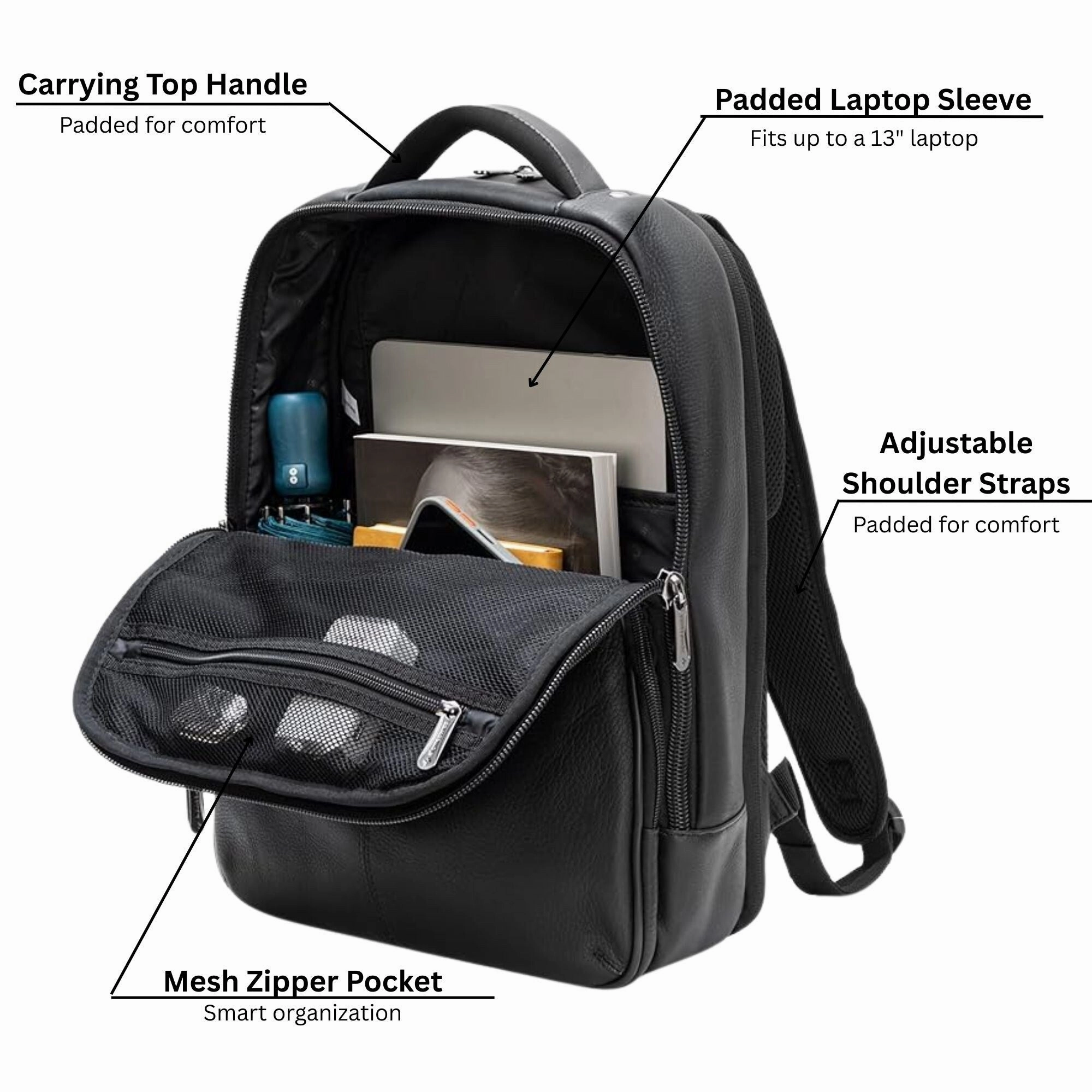 Alpine Swiss Olsen 13 Laptop Travel Backpack Genuine Leather Slim Business Travel Carry On Daypack - Black - One Size