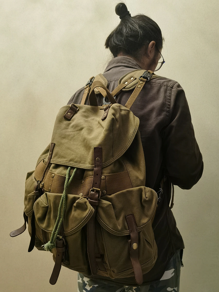 Army Green Canvas Travel Backpack for Men Canvas EDC Backpack Mens Canvas Hiking Backpack