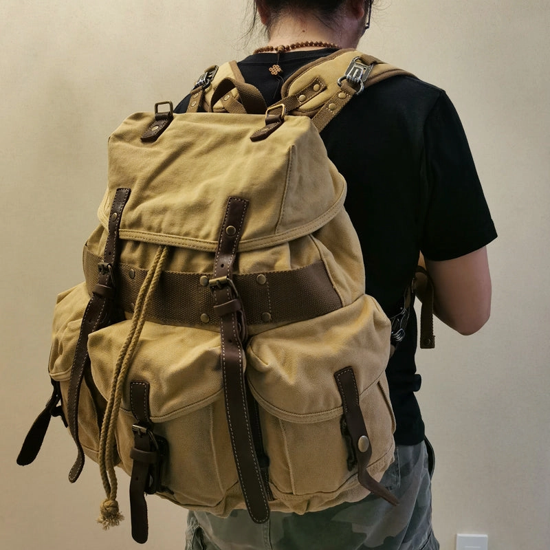 Army Green Canvas Travel Backpack for Men Canvas EDC Backpack Mens Canvas Hiking Backpack