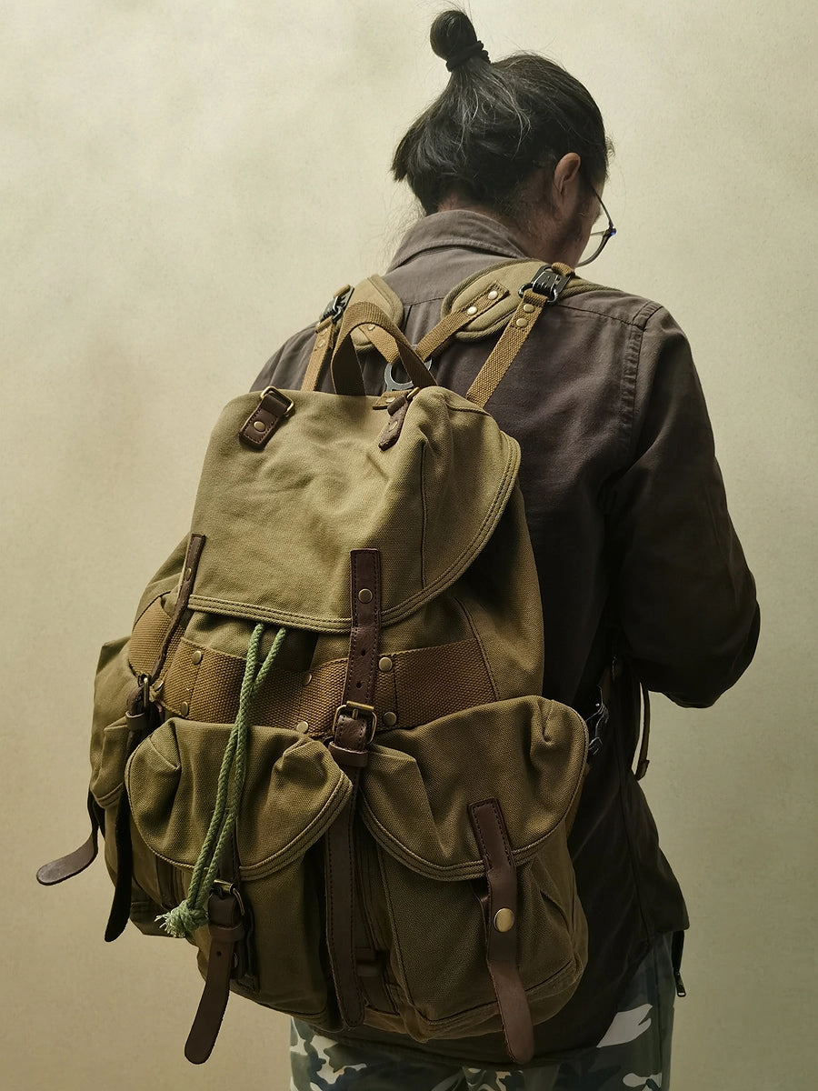 Army Green Canvas Travel Backpack for Men Canvas EDC Backpack Mens Canvas Hiking Backpack