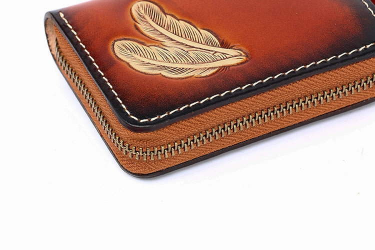 Around Zip Coffee Tooled Leather Card Wallet Mens Feather Zipper Card Holder for Men