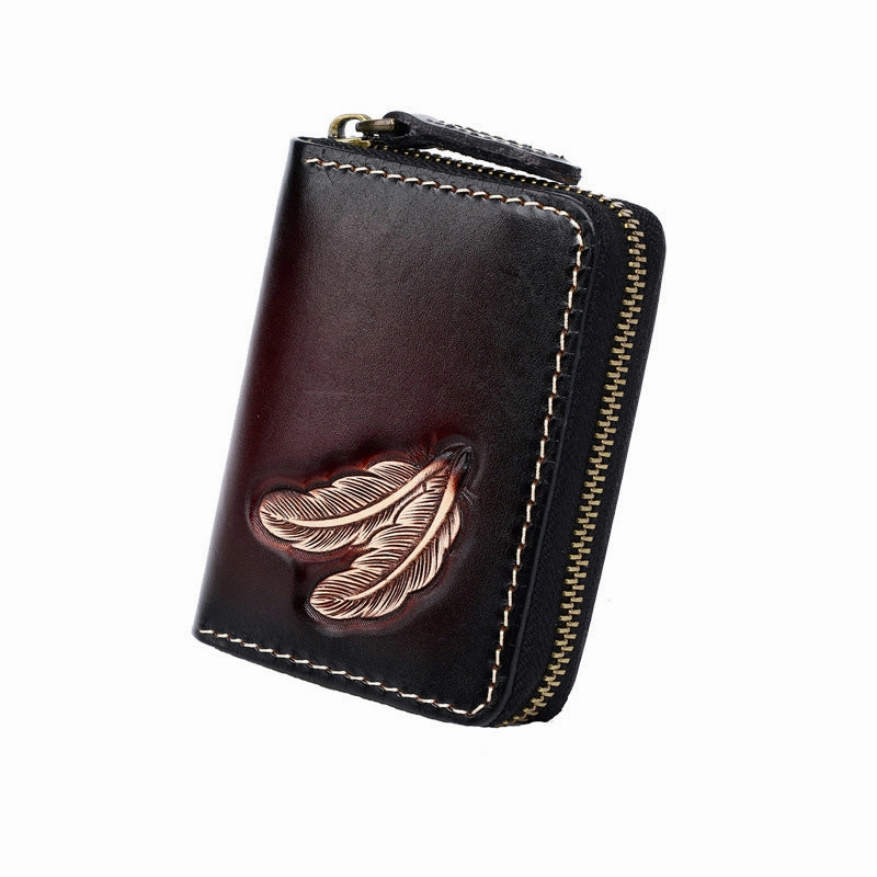 Around Zip Coffee Tooled Leather Card Wallet Mens Feather Zipper Card Holder for Men