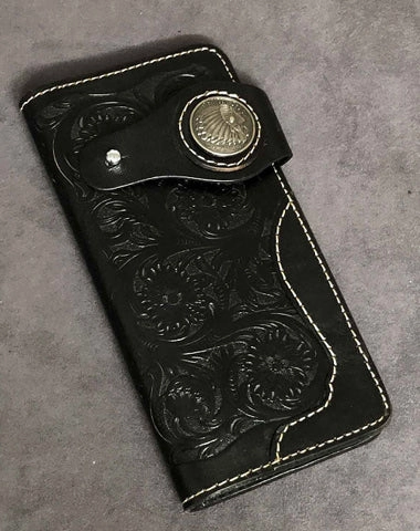 Badass Black Handmade Leather Men's Long Biker Wallet Bifold Tooled Long Wallet For Men