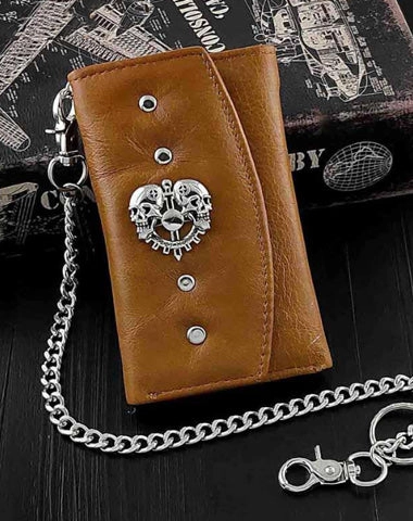 BADASS BROWN SKULL LEATHER MENS TRIFOLD SMALL BIKER WALLETS CHAIN WALLET WALLET WITH CHAIN FOR MEN