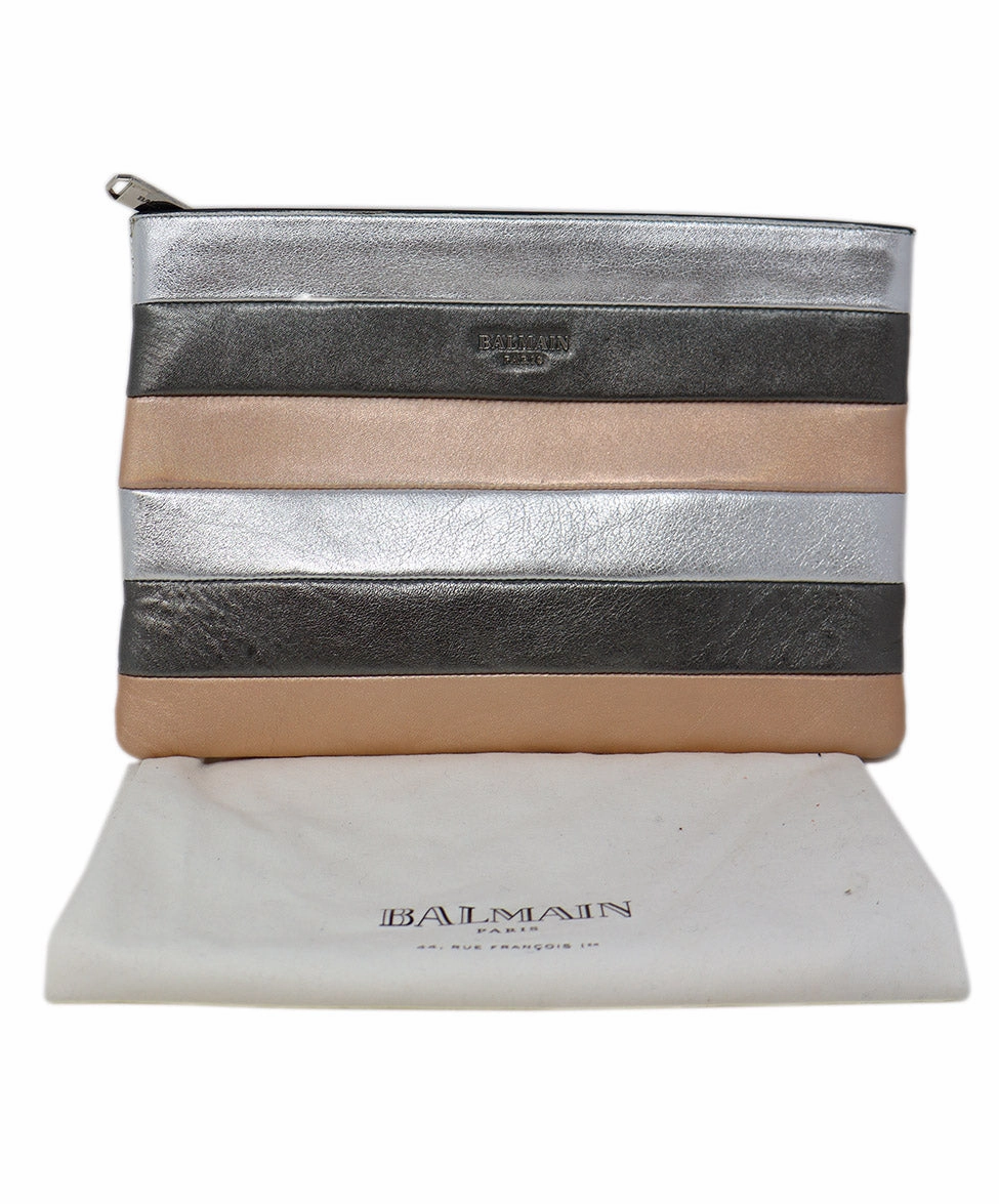 Balmain Metallic Silver & Rose Gold Leather Clutch