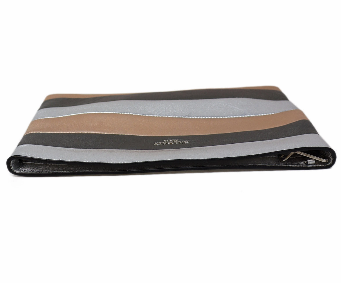 Balmain Metallic Silver & Rose Gold Leather Clutch