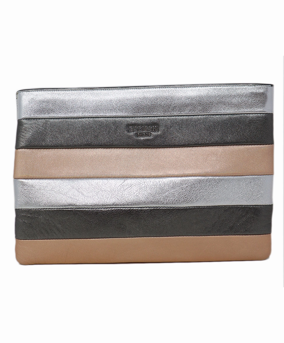 Balmain Metallic Silver & Rose Gold Leather Clutch