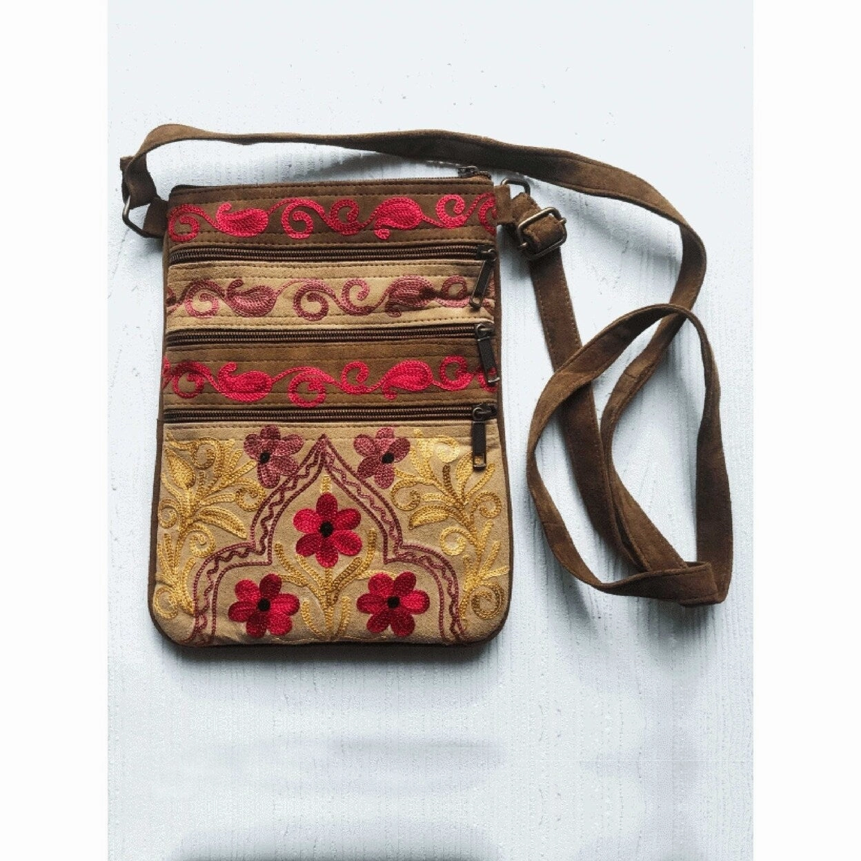 Beige And Red Suede Embroidered Crossbody Bag