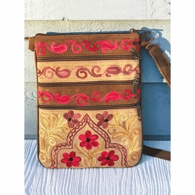 Beige And Red Suede Embroidered Crossbody Bag