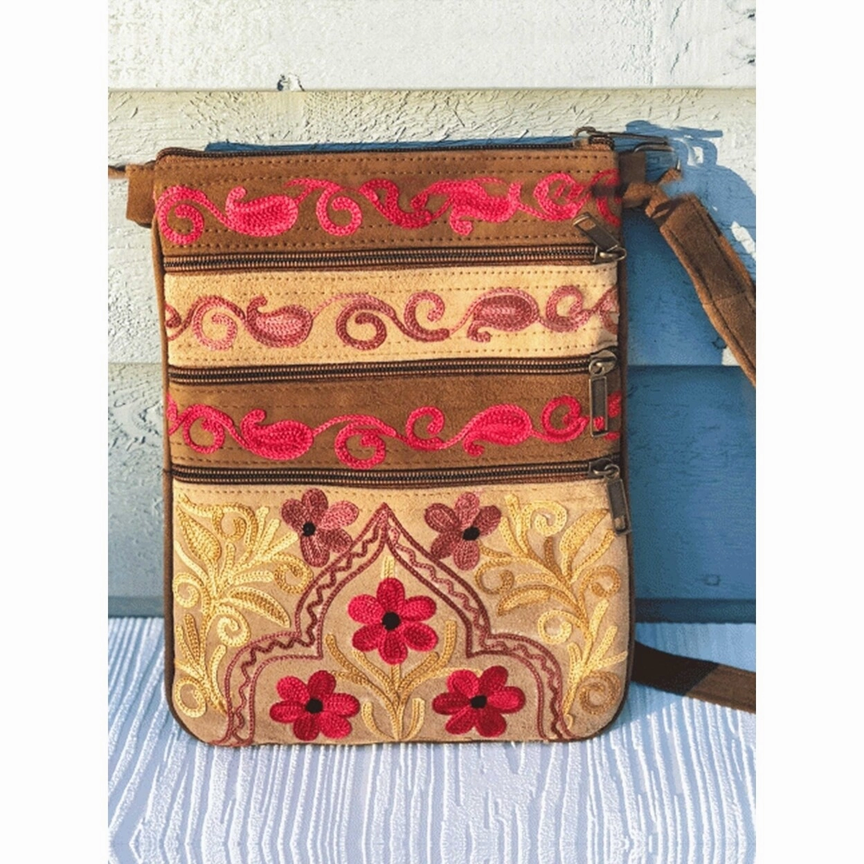 Beige And Red Suede Embroidered Crossbody Bag