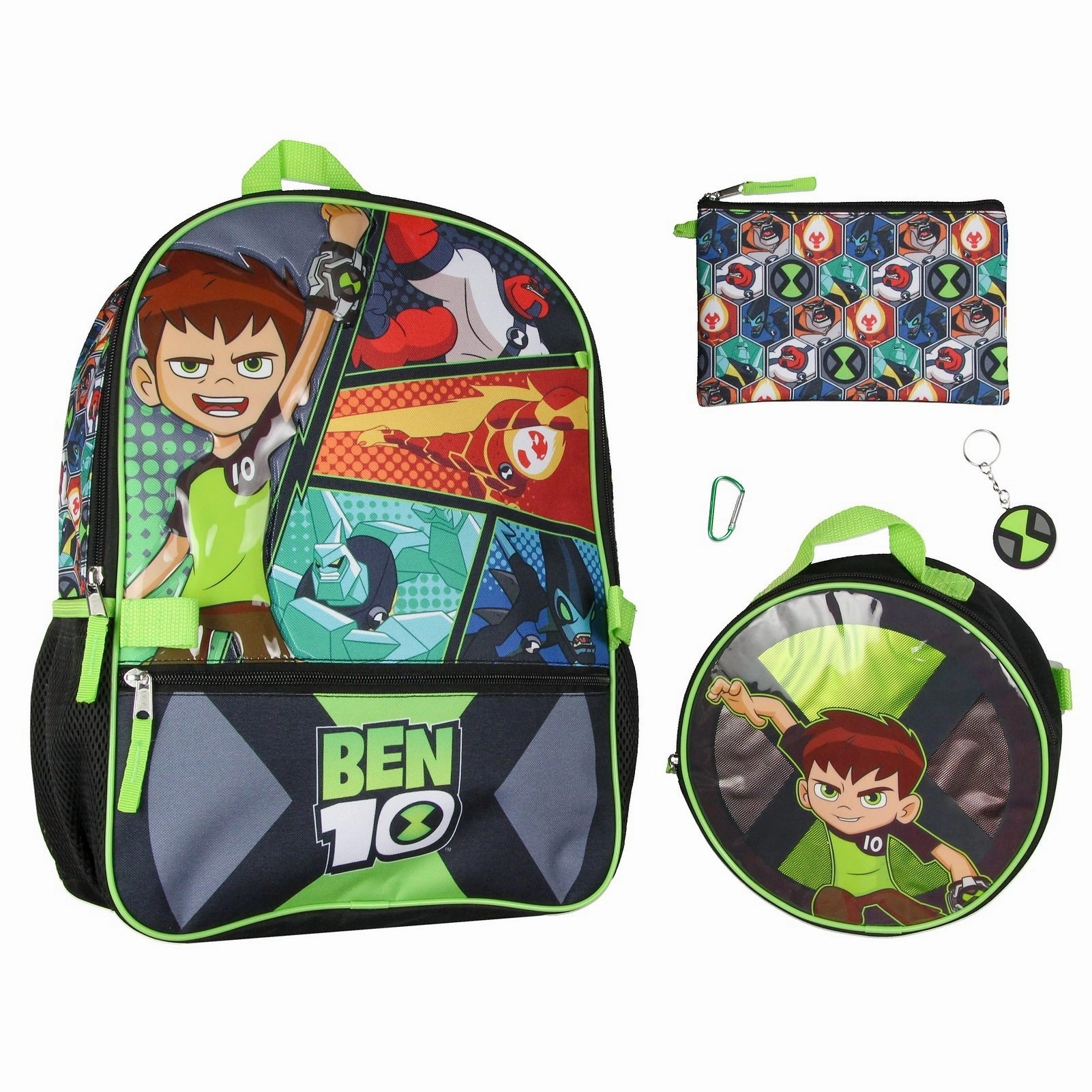 Ben 10 Omnitrix Aliens 5pc School Travel 16" Backpack Set Lunch Box Pencil Bag Keychain Carabiner - One Size