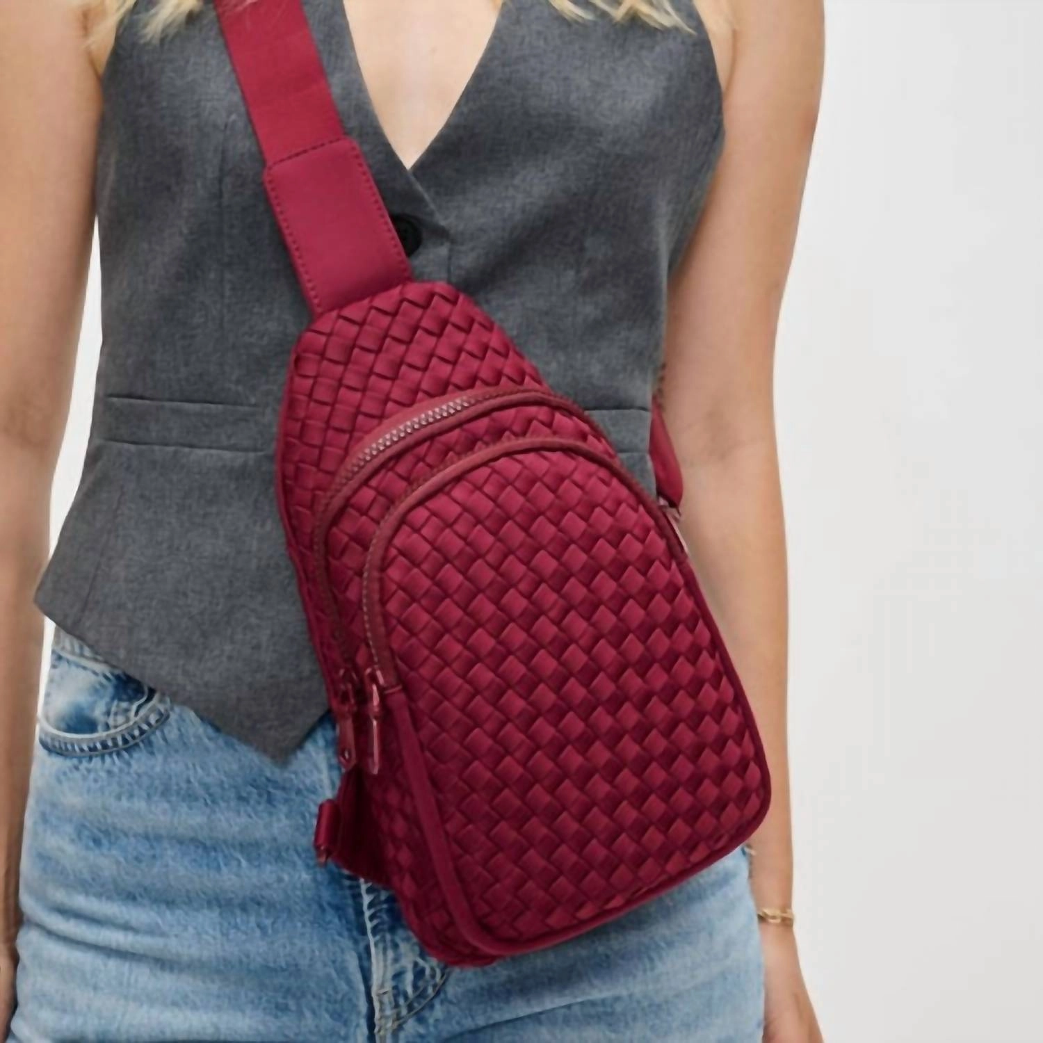Beyond The Horizon - Woven Neoprene Sling Backpack In Burgundy