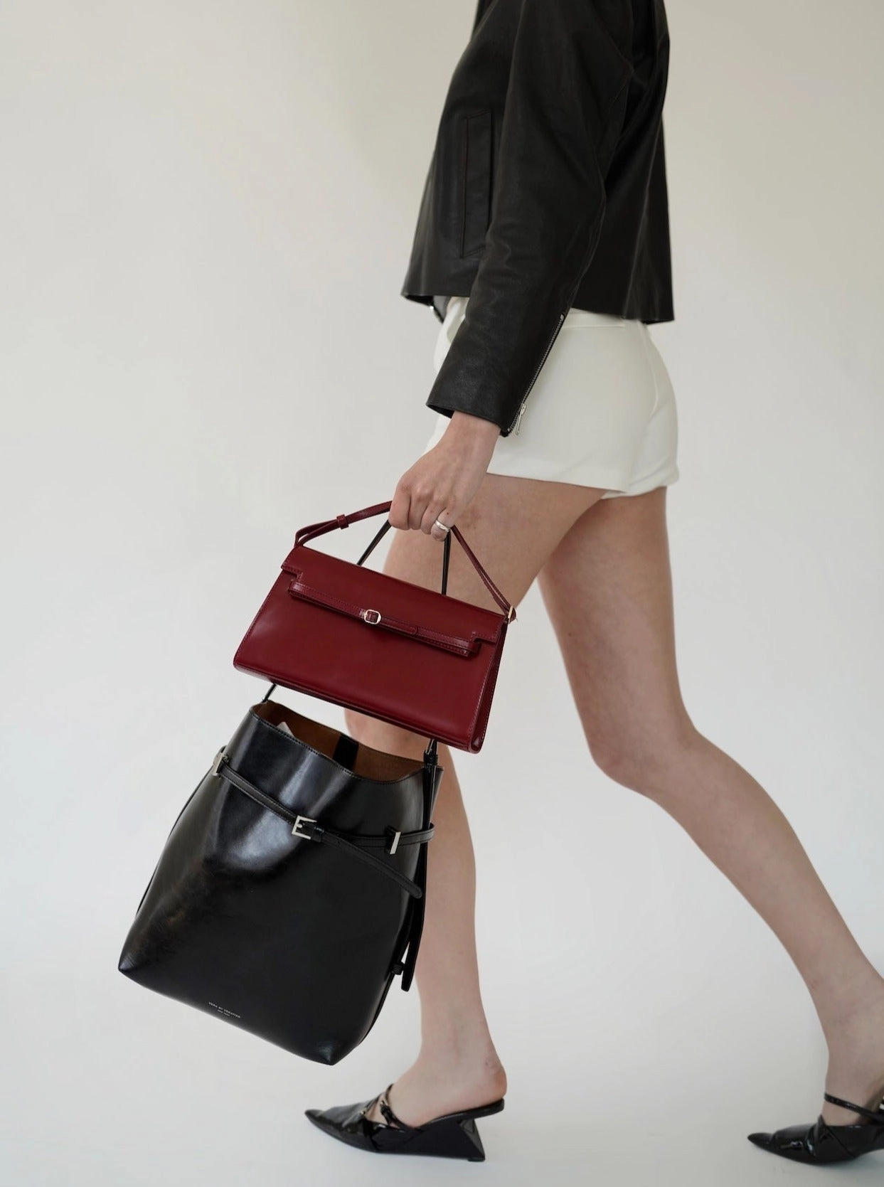 Black Belted Leather Tote Bag