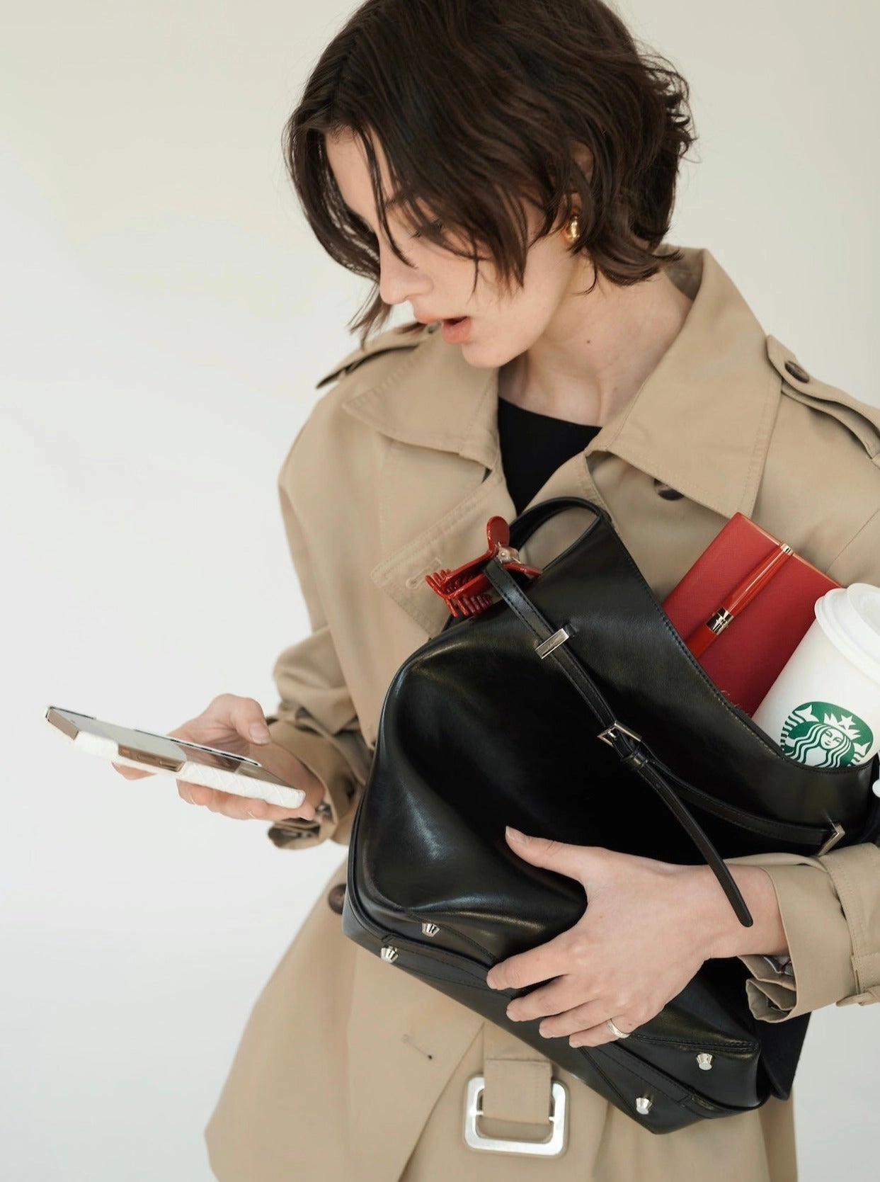 Black Belted Leather Tote Bag