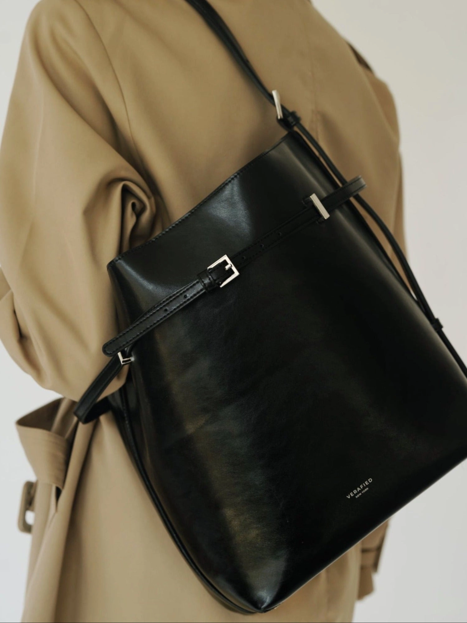 Black Belted Leather Tote Bag