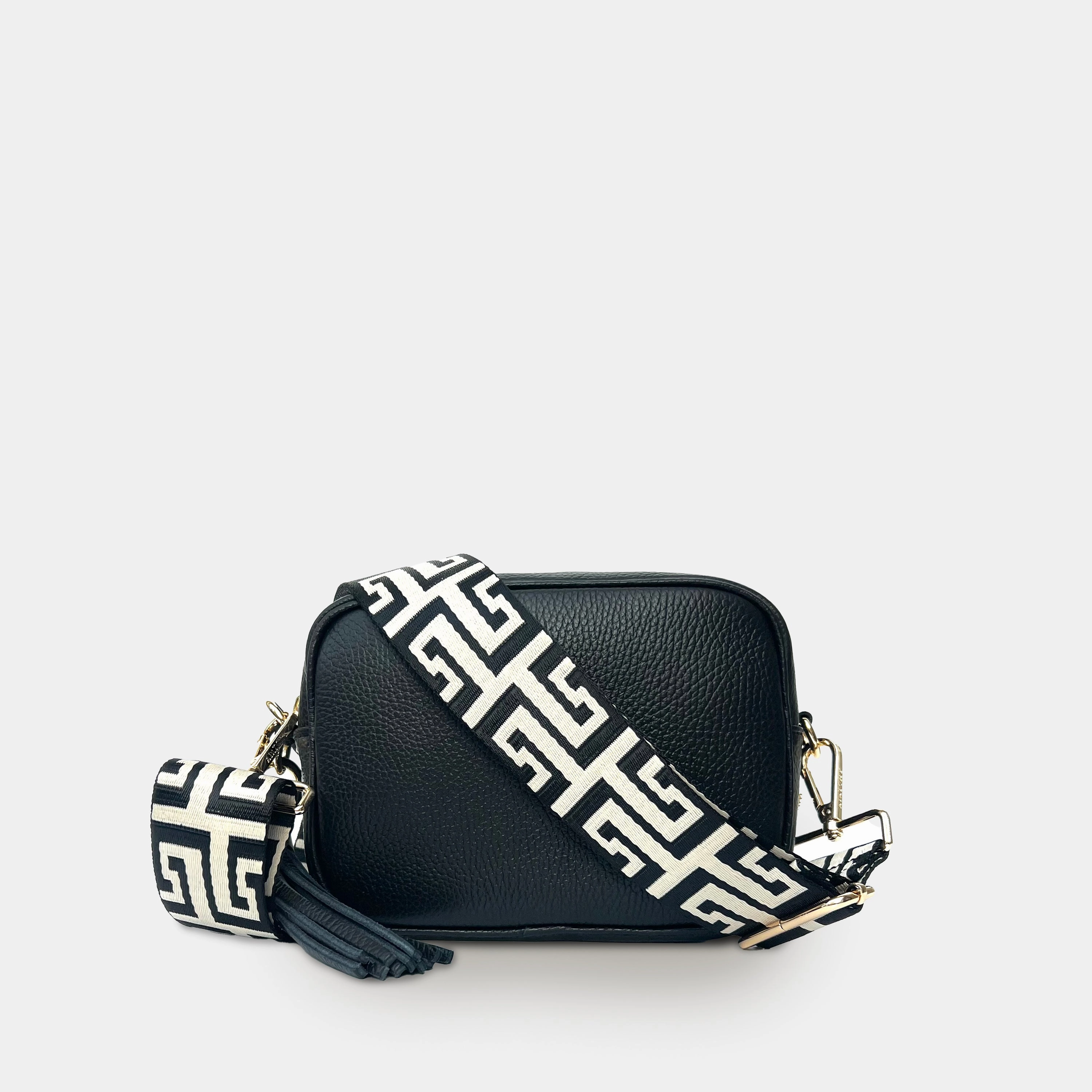 Black Leather Crossbody Bag With Black & Stone Maze Strap