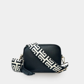 Black Leather Crossbody Bag With Black & Stone Maze Strap