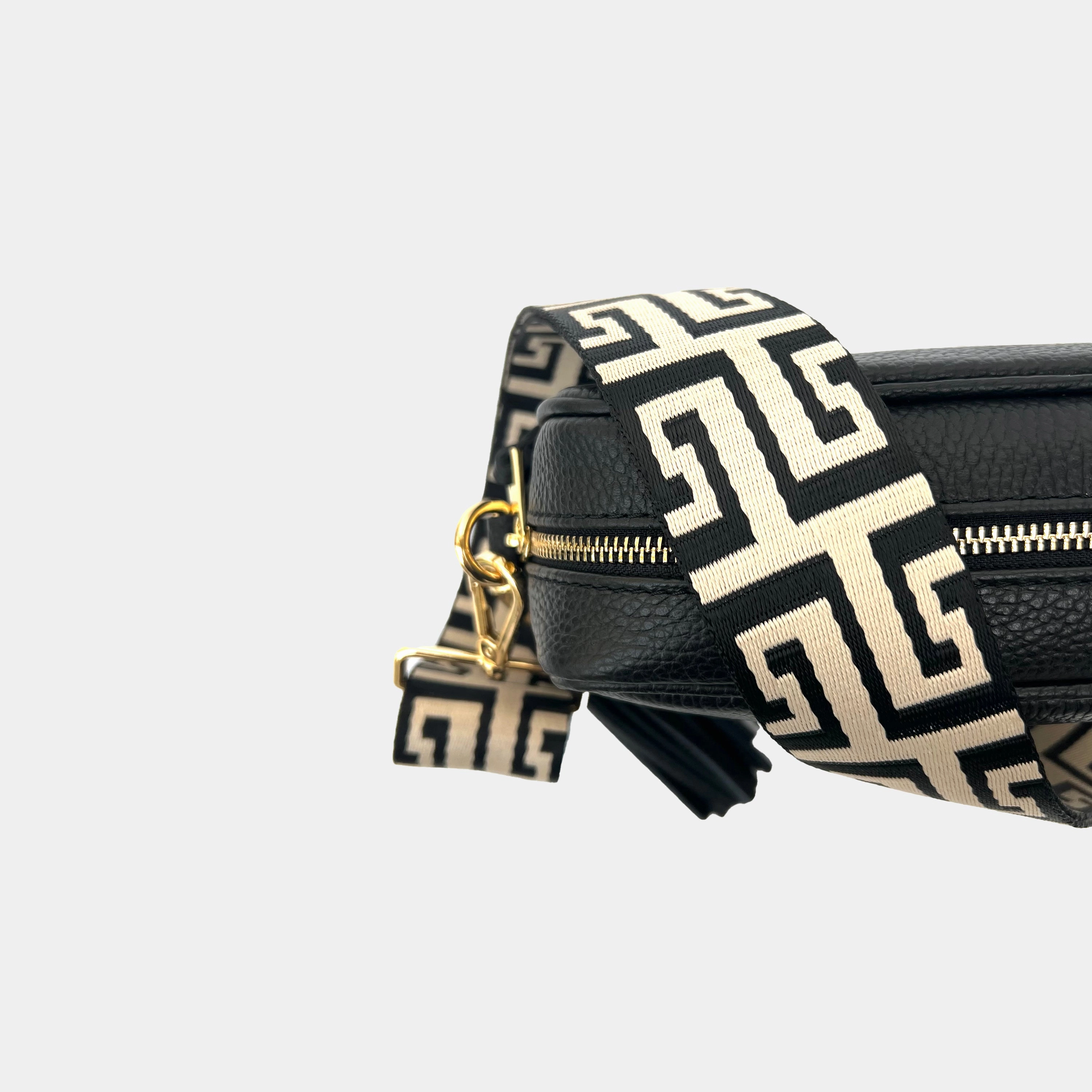 Black Leather Crossbody Bag With Black & Stone Maze Strap