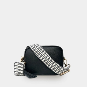 Black Leather Crossbody Bag With Midnight Zigzag Strap