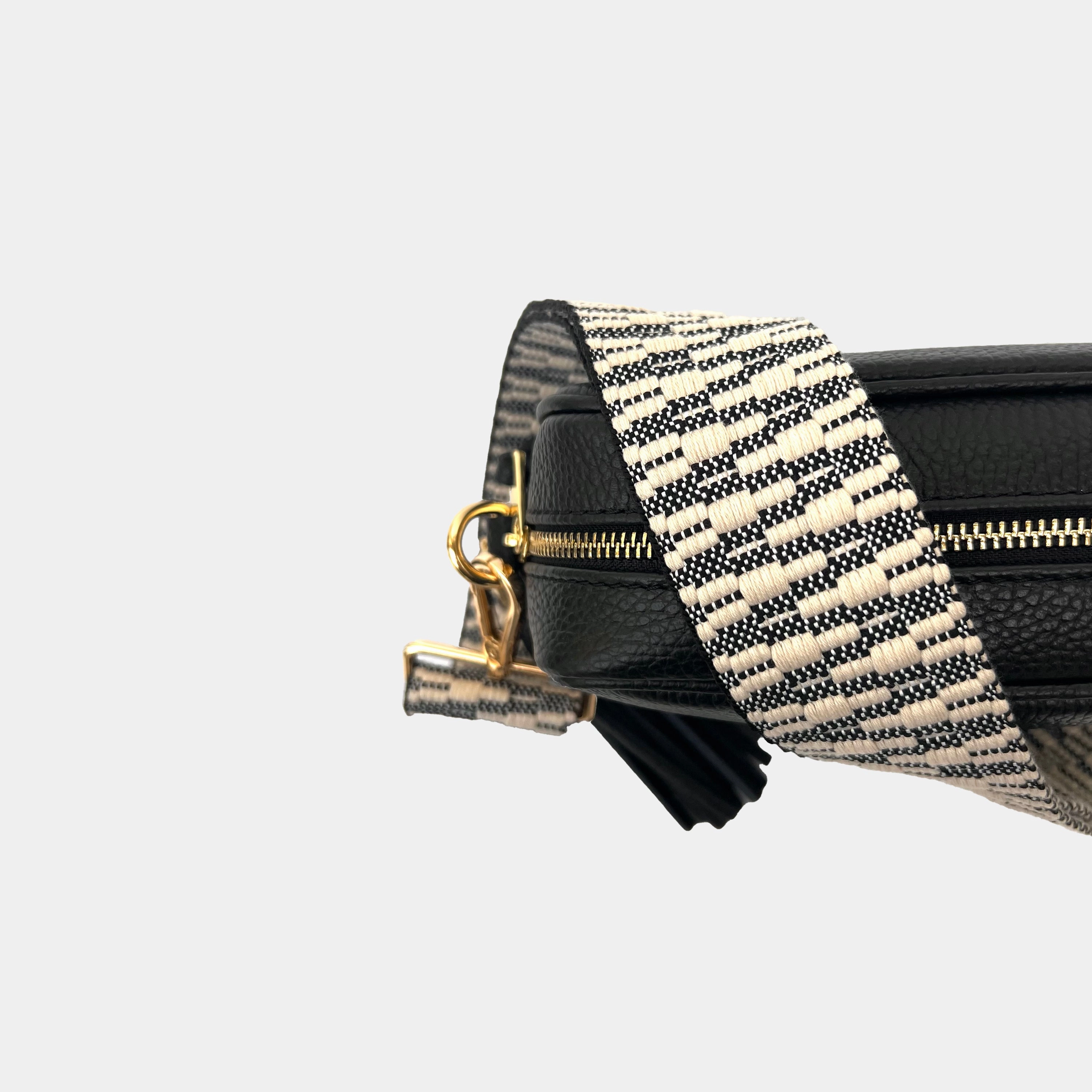 Black Leather Crossbody Bag With Midnight Zigzag Strap