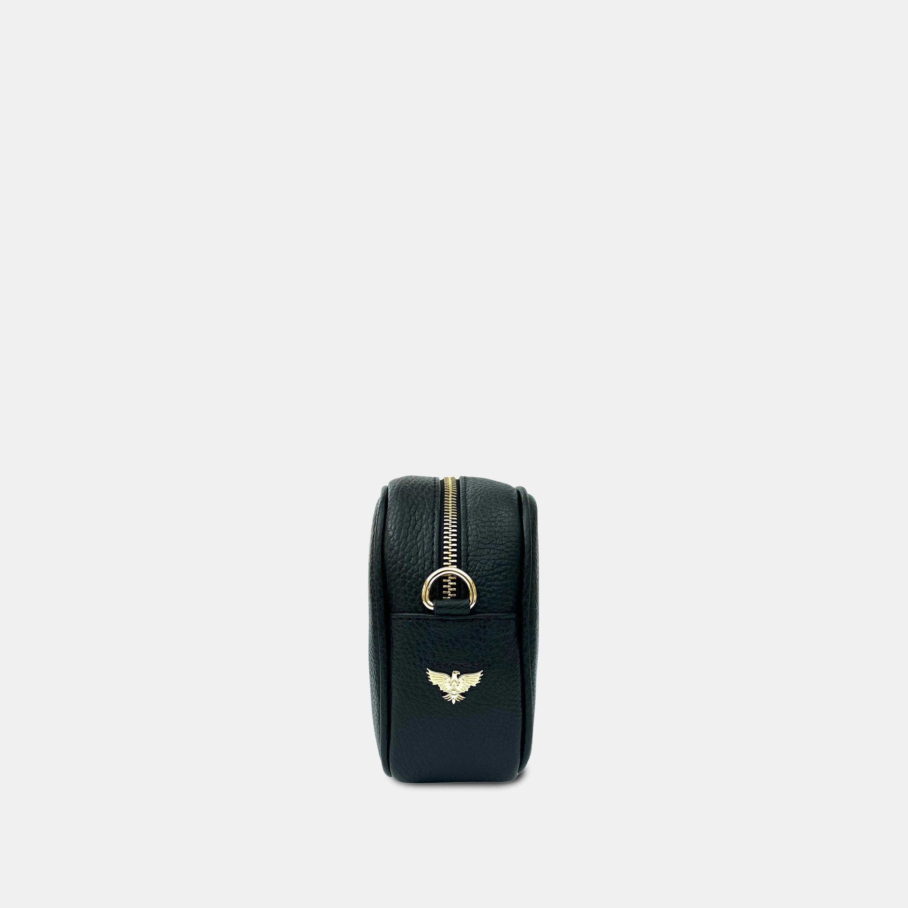 Black Leather Crossbody Bag With Midnight Zigzag Strap