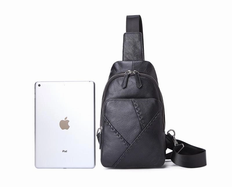 Black Leather Men's 8-inch One shoulder Backpack Sling Bag Black Chest Bag Sports Bag For Men