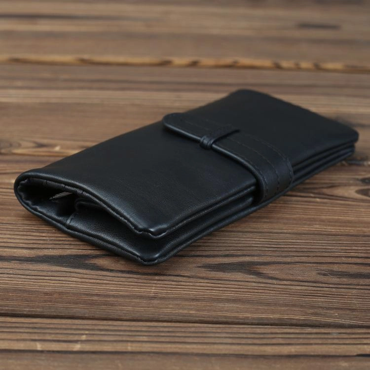 Black Leather Men's Bifold Long Wallet with Coin Pocket Billfold Wallet Card Wallet For Men