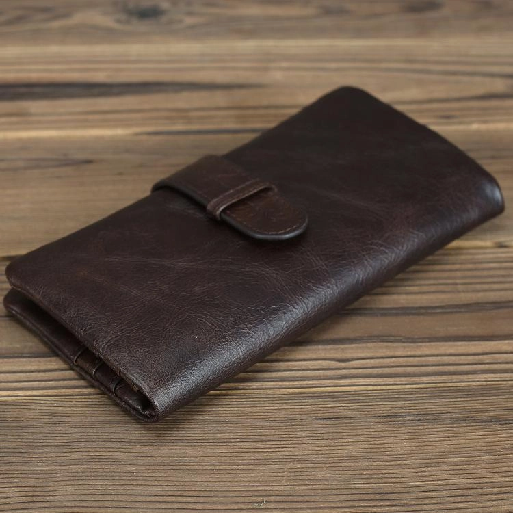 Black Leather Men's Bifold Long Wallet with Coin Pocket Billfold Wallet Card Wallet For Men