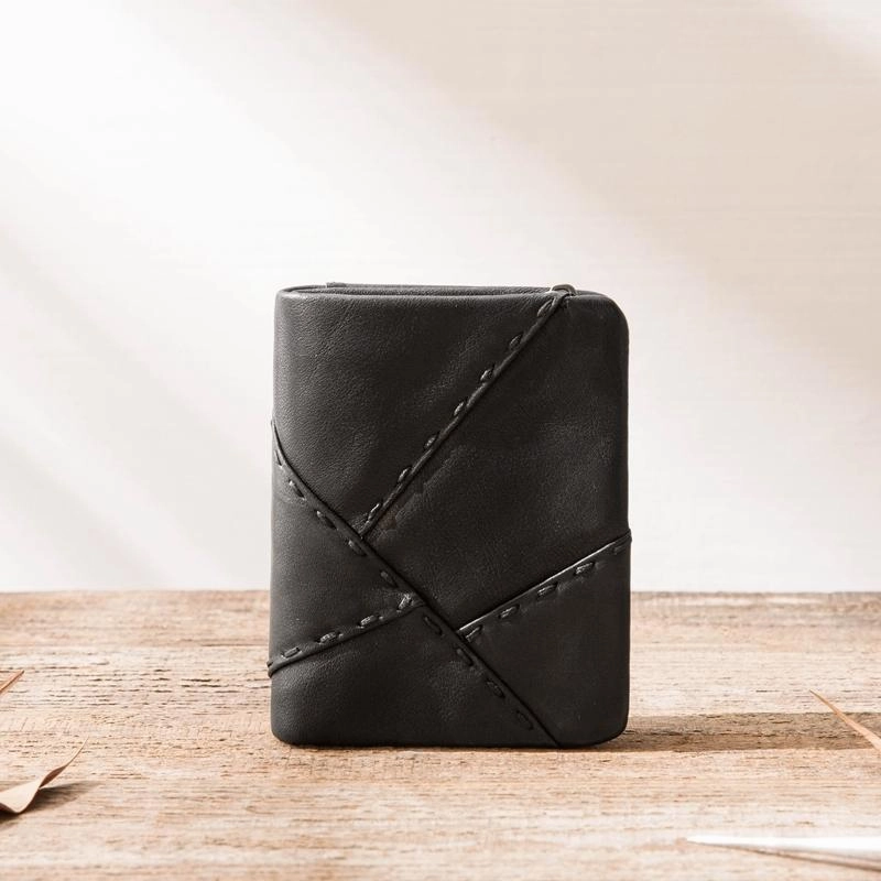 Black Leather Mens Small Wallets Trifold Vintage billfold Wallet for Men