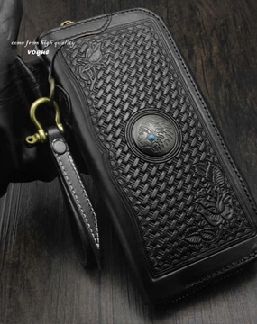 Black Tooled Leather Men's Zipper Long Wallet Biker Wallet Biker Chain Wallet For Men