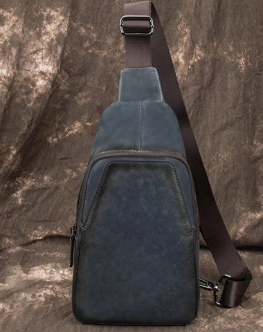 Blue LEATHER MENS Sling Bags Sling Pack One Shoulder Backpack Blue Chest Bag For Men