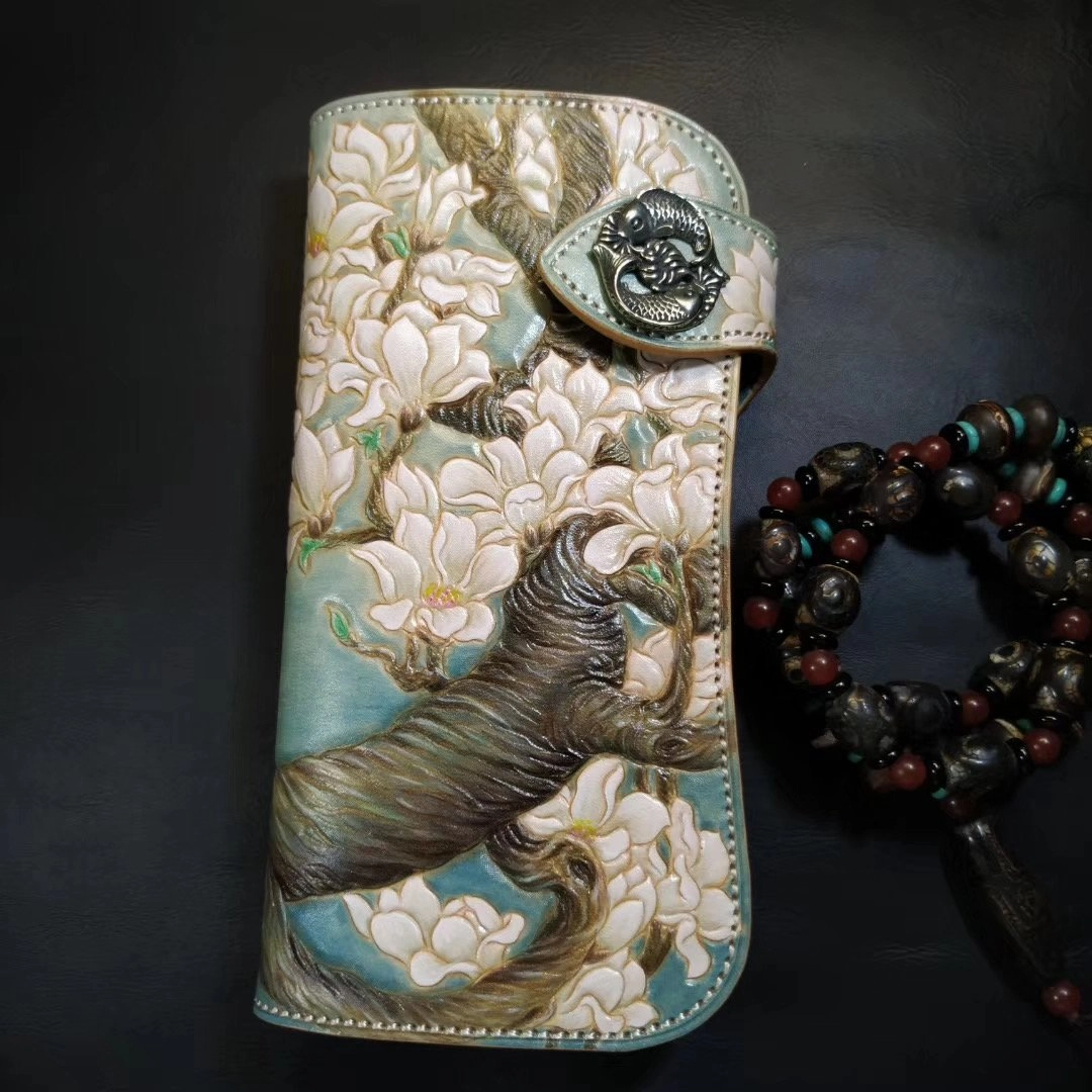 Blue Leather Womens Cherry Blossom Tree Biker Wallet Handmade Tooled Long Wallets For Men