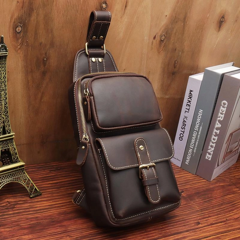 Brown Leather Men's Sling Bags Best Sling Pack Chest Bag One Shoulder Backpack For Men