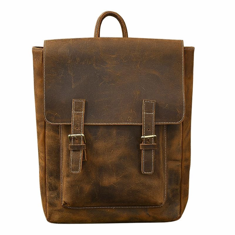Brown Leather Mens 14" Laptop Backpack Hiking Backpack Travel Backpack College Bag for Men