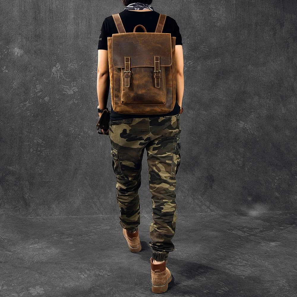 Brown Leather Mens 14" Laptop Backpack Hiking Backpack Travel Backpack College Bag for Men