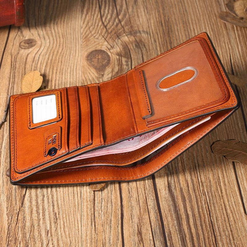 Brown Leather Mens Cool billfold Leather Wallet Men Small Bifold Wallets for Men