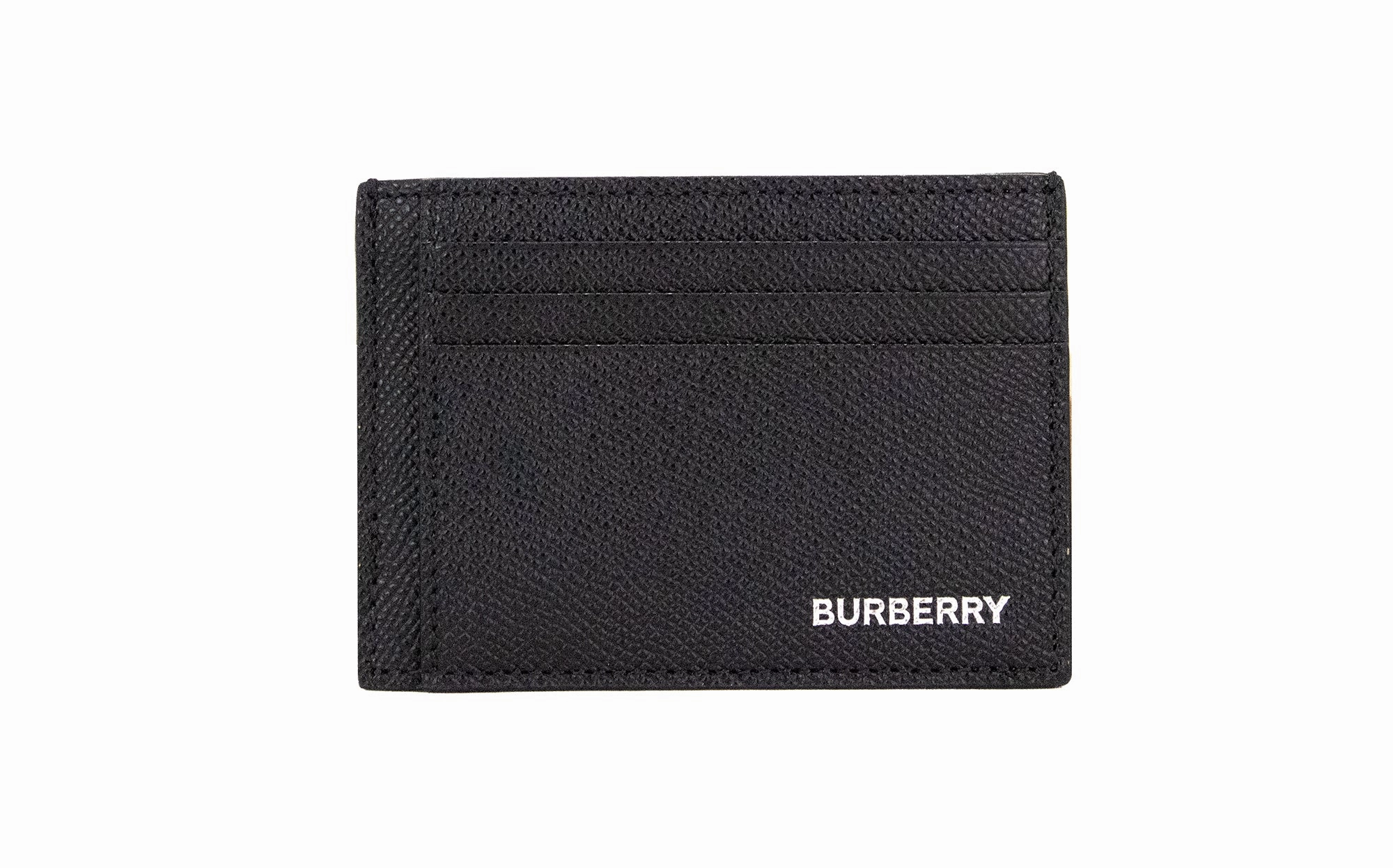Burberry Chase Business Small Black Grained Leather Money Clip Card Case Wallet