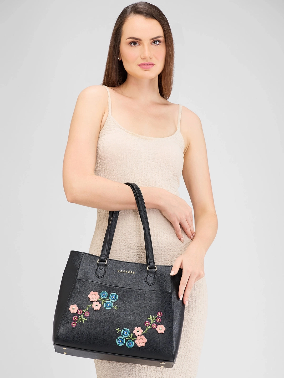Caprese Erica Medium Floral Black Tote Bag