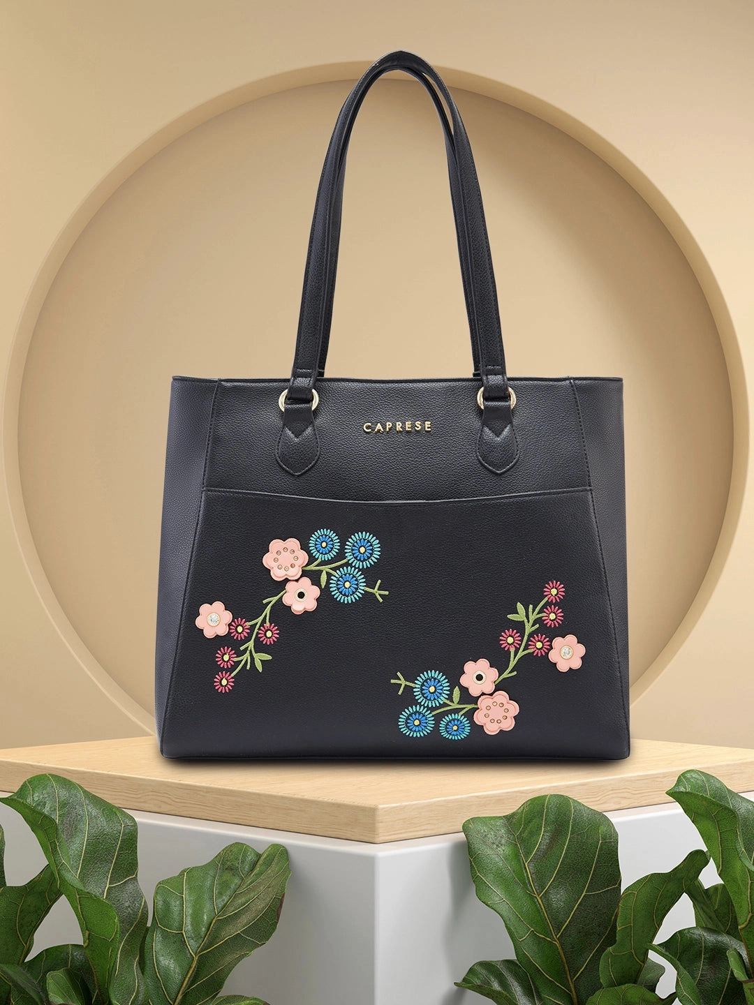 Caprese Erica Medium Floral Black Tote Bag