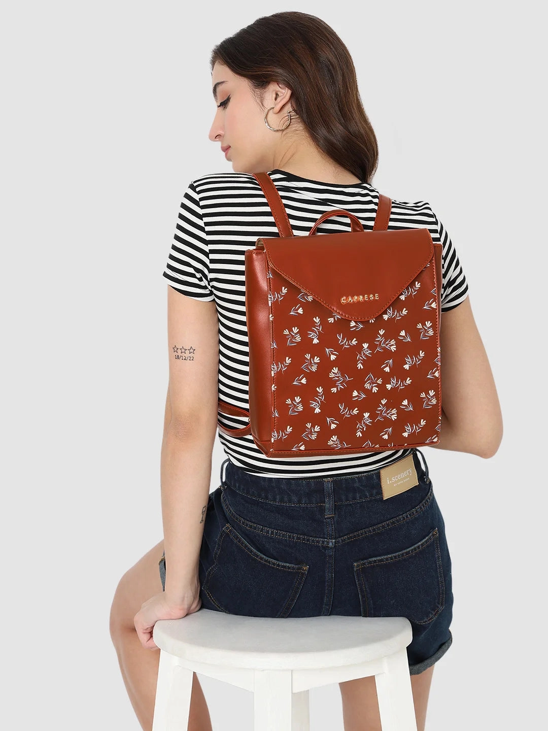 Caprese Merida Large Tan Printed Backpack