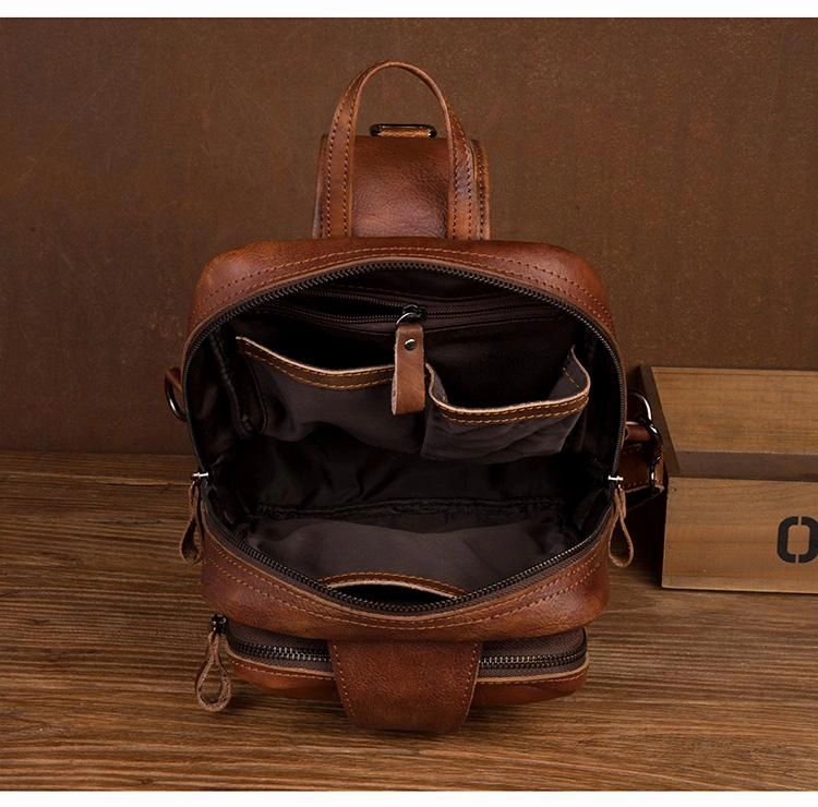 Casual Brown Leather Mens Sling Pack Sling Bag Chest Bag One Shoulder Backpack for Men