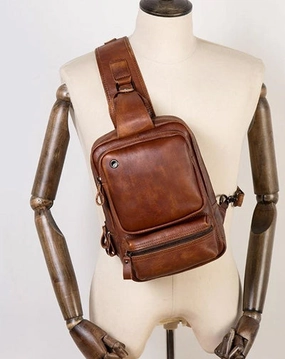 Casual Brown Leather Mens Sling Pack Sling Bag Chest Bag One Shoulder Backpack for Men