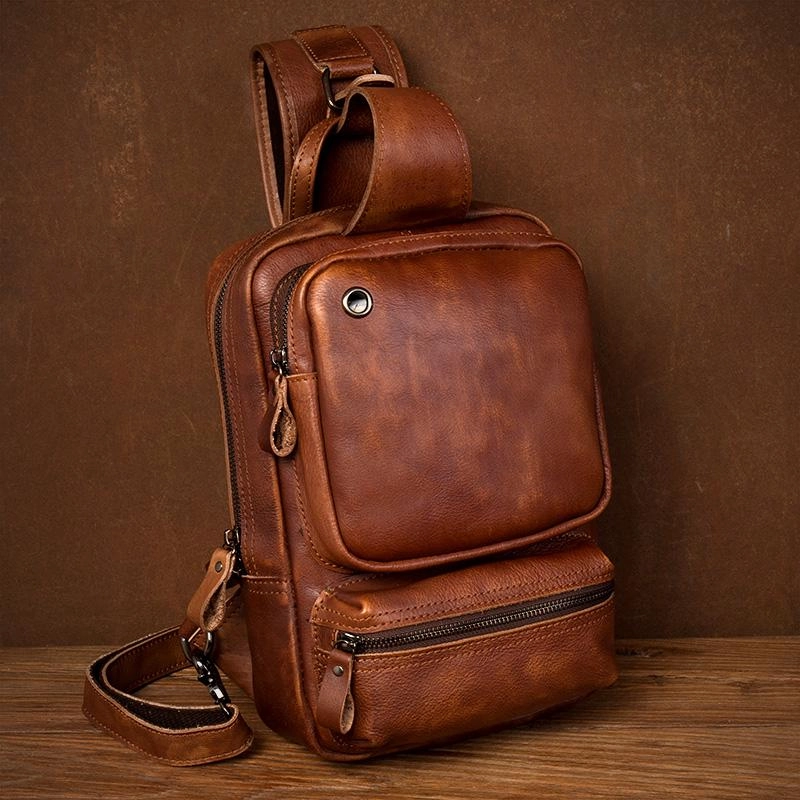 Casual Brown Leather Mens Sling Pack Sling Bag Chest Bag One Shoulder Backpack for Men