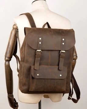 Casual Brown Mens Leather 15-inch Large Backpack Travel Backpacks Computer Backpacks for men