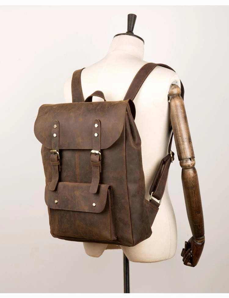 Casual Brown Mens Leather 15-inch Large Backpack Travel Backpacks Computer Backpacks for men