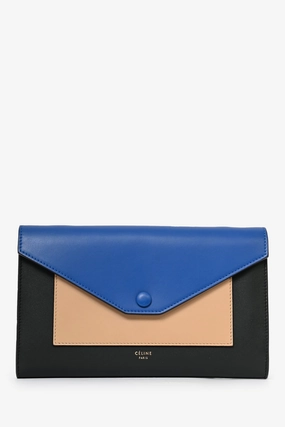 Celine 2015 Black Tricolor Leather Envelope Pocket Wallet on Chain